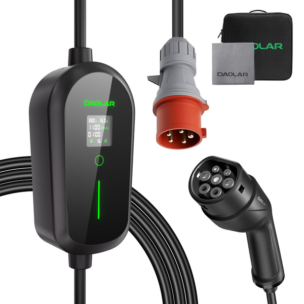 Mobilna stacja ładująca Daolar 11 kW, 3-fazowy kabel ładujący typu 2 ze wtyczką CEE, 12-godzinnym timerem i regulowanym prądem 6-16 A. Stacje ładowania pojazdów elektrycznych