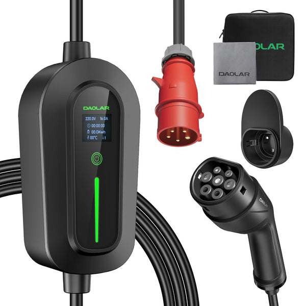 Daolar Mobilna Stacja Ładowania / Wallbox 11 kW, [3-fazowy | 6-16 A] Ładowarka EV z regulowaną mocą ładowania, Kabel do ładowania Typ 2 z wtyczką CEE