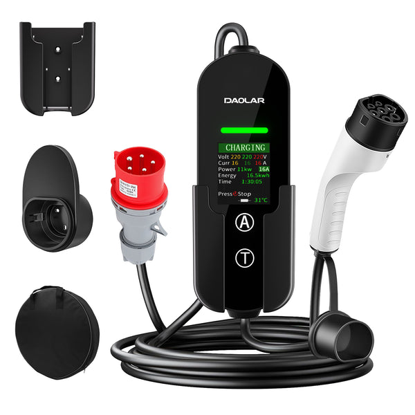 Daolar Type 2 Charging Cable 11 kW, EV Charger Three-Phase CEE 16A Mobile Wallbox Charging Station Adjustable Current and Limit charging time for All Electric Vehicles EV PHEV