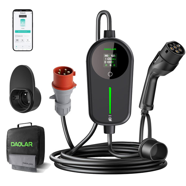 [Flagowy] Mobilna stacja ładująca Daolar o mocy 11 kW z licznikiem energii elektrycznej, 3-fazowy kabel ładujący typu 2 6-16 A z regulowaną mocą ładowania kWh, wodoodporna stacja ładująca IP65