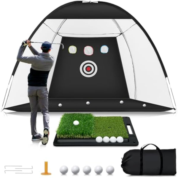 Daolar Golfnetz, 3 x 2,1 x 1,8 m, Golf-Trainingsnetz mit Schlagmatte für Hinterhof, Innen- und Außenbereich, Chipping, Driving und Pitching, Driving-Netze für den Innen- und Außenbereich, Garagengebrauch, Golfschwung-Training